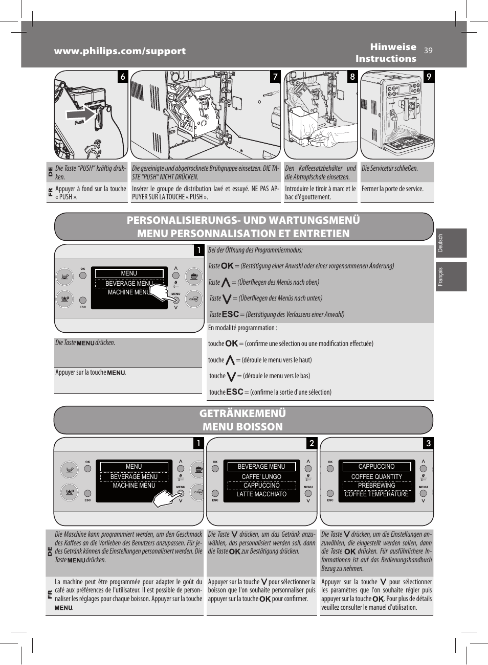 Getränkemenü menu boisson | Philips Saeco Exprelia Evo Machine espresso Super Automatique User Manual | Page 39 / 60