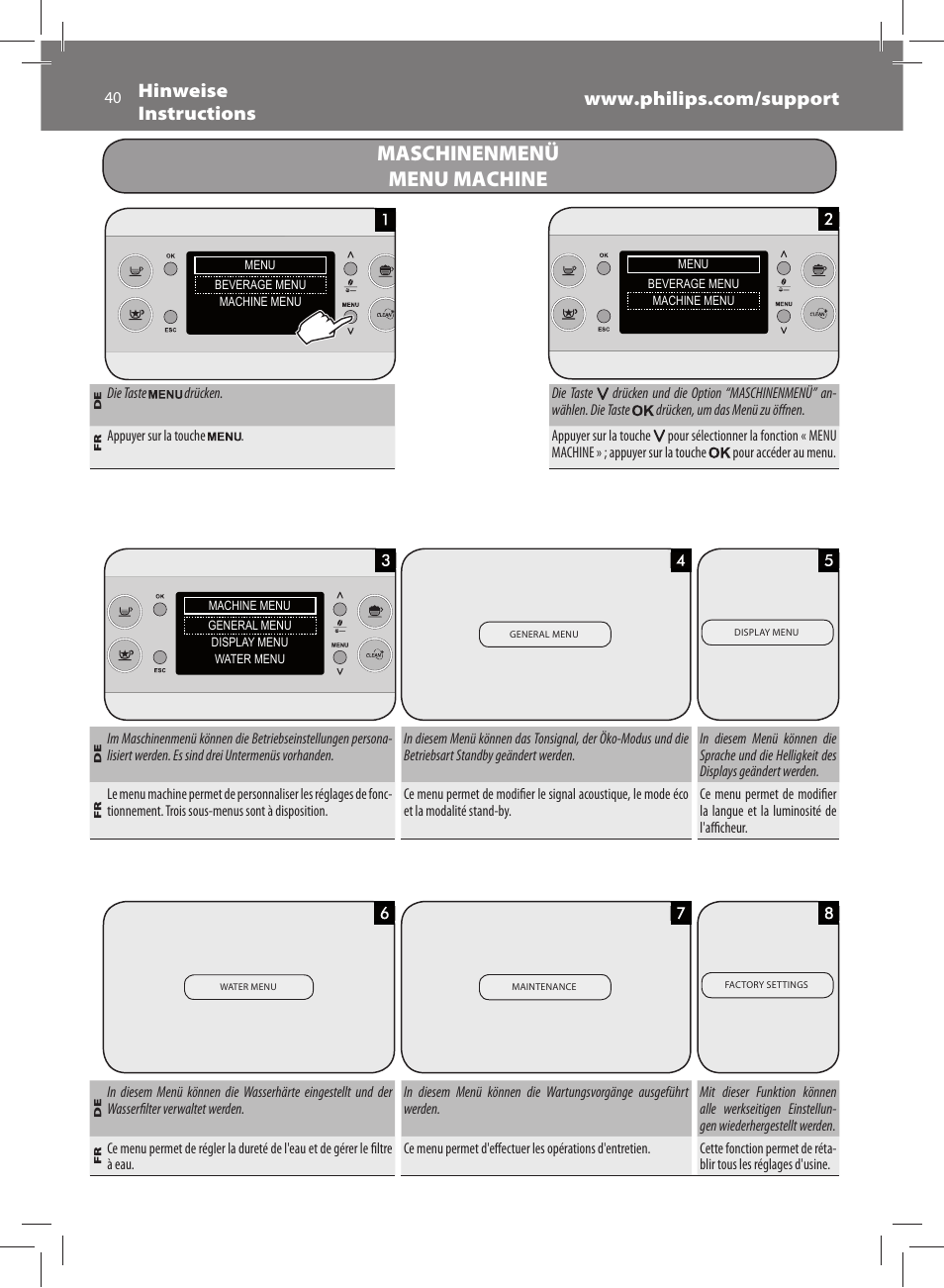 Maschinenmenü menu machine | Philips Saeco Exprelia Evo Machine espresso Super Automatique User Manual | Page 40 / 60