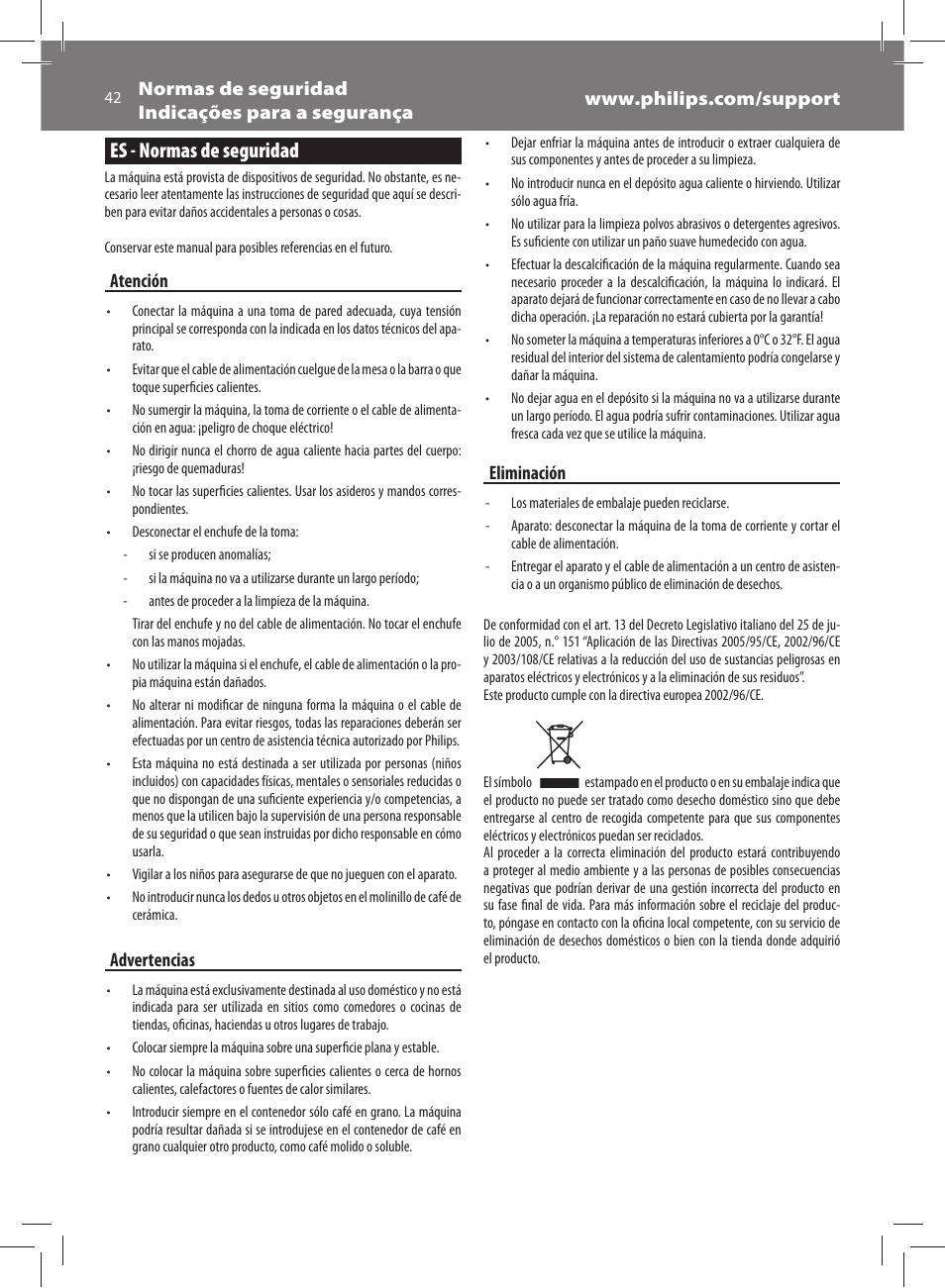 Es - normas de seguridad, Atención, Advertencias | Eliminación | Philips Saeco Exprelia Evo Machine espresso Super Automatique User Manual | Page 42 / 60