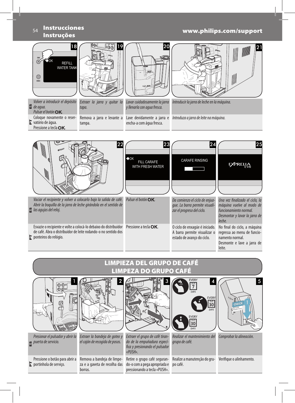 Limpieza del grupo de café limpeza do grupo café | Philips Saeco Exprelia Evo Machine espresso Super Automatique User Manual | Page 54 / 60