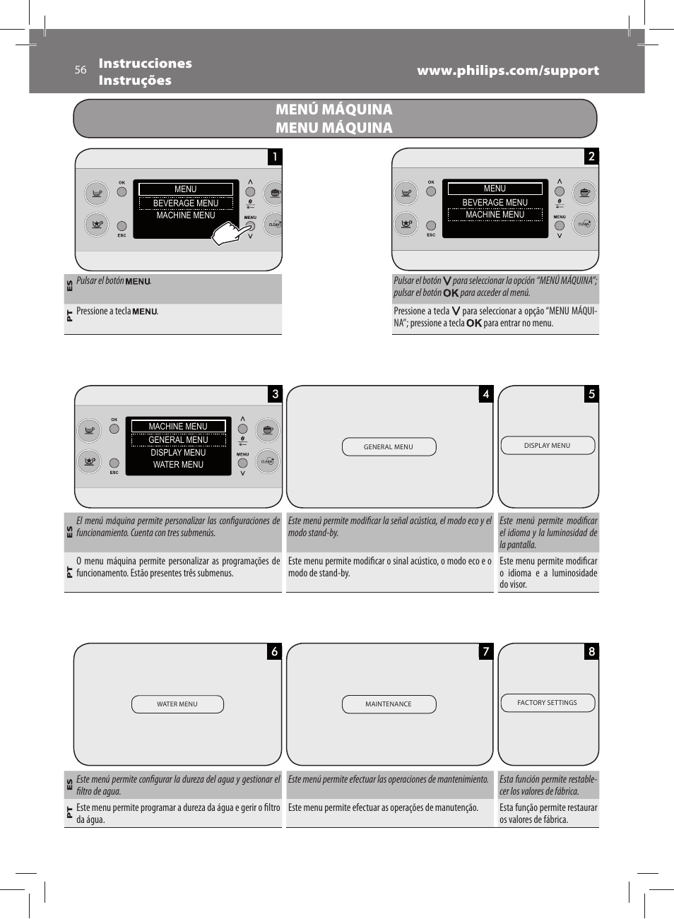 Menú máquina menu máquina | Philips Saeco Exprelia Evo Machine espresso Super Automatique User Manual | Page 56 / 60