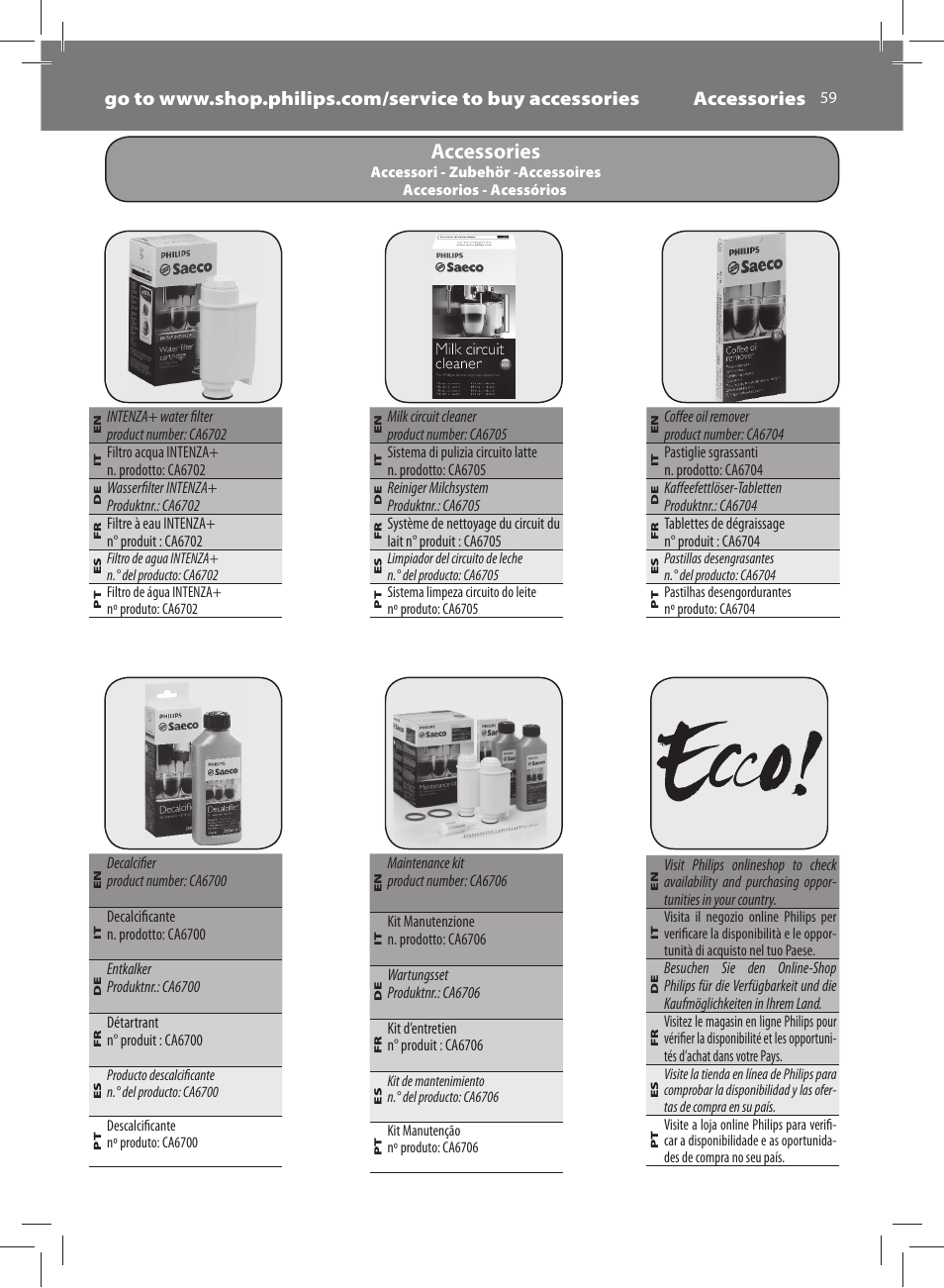 Accessories | Philips Saeco Exprelia Evo Machine espresso Super Automatique User Manual | Page 59 / 60