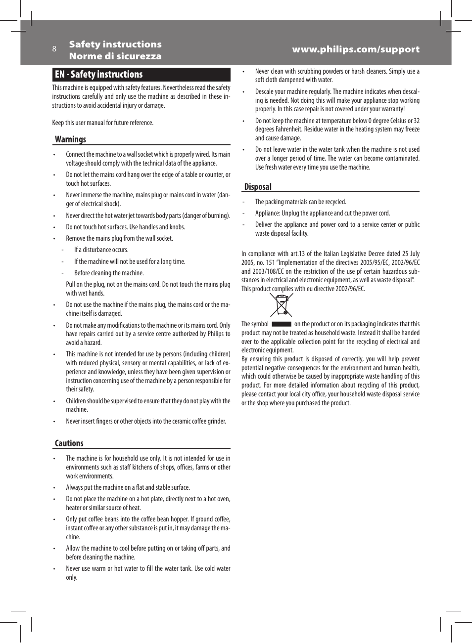 En - safety instructions, Warnings, Cautions | Disposal | Philips Saeco Exprelia Evo Machine espresso Super Automatique User Manual | Page 8 / 60