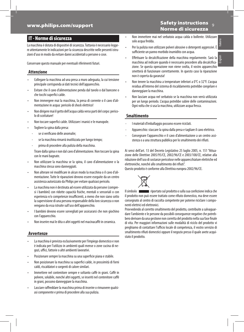 It - norme di sicurezza, Attenzione, Avvertenze | Smaltimento | Philips Saeco Exprelia Evo Machine espresso Super Automatique User Manual | Page 9 / 60