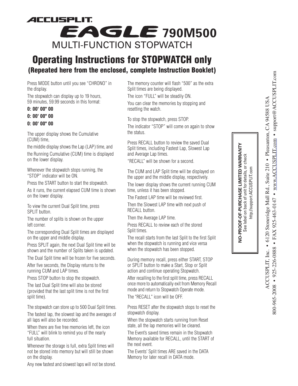 Accusplit Eagle 790M500 User Manual | 1 page