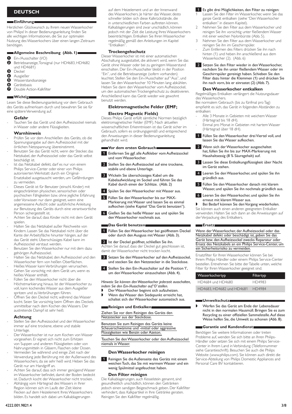 Deutsch | Philips Bouilloire User Manual | Page 3 / 8