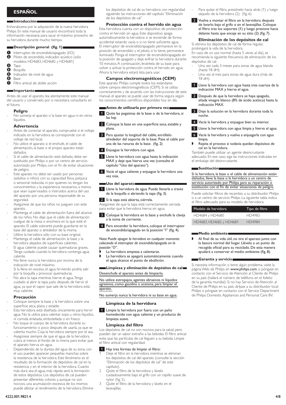 Español | Philips Bouilloire User Manual | Page 4 / 8