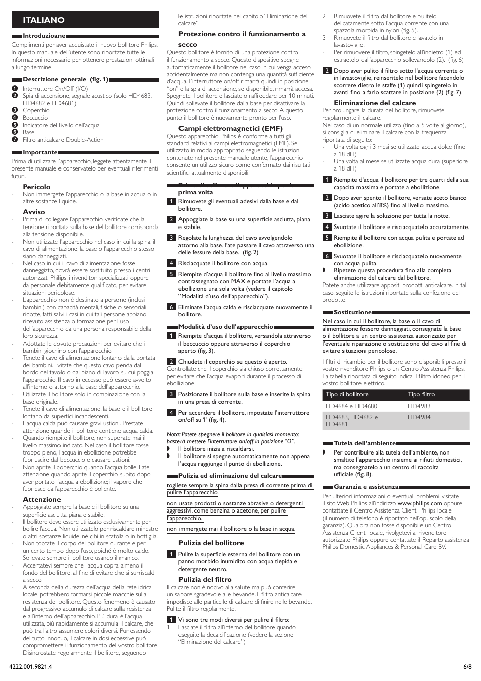 Italiano | Philips Bouilloire User Manual | Page 6 / 8