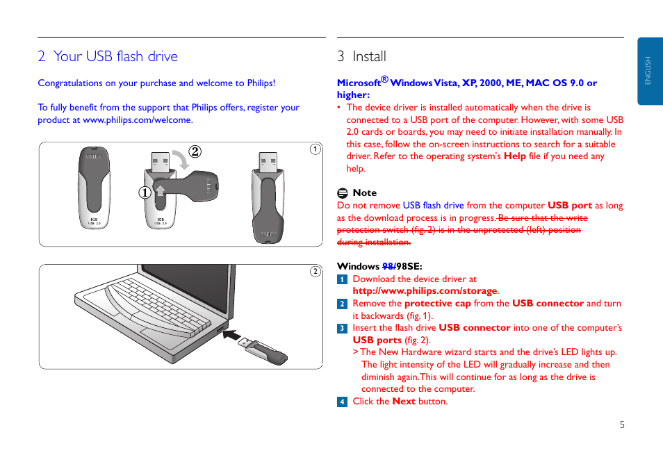 2 your usb flash drive, 3 install | Philips Clé USB User Manual | Page 5 / 10