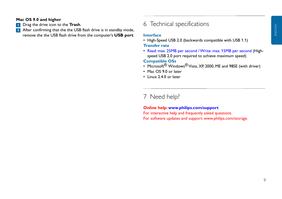 6 technical specifications, 7 need help | Philips Clé USB User Manual | Page 9 / 10