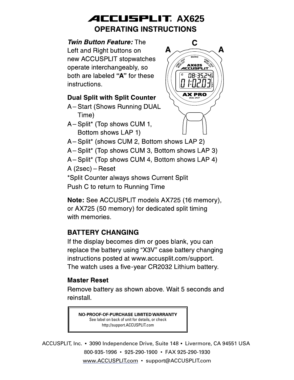 Accusplit AX625 User Manual | 1 page
