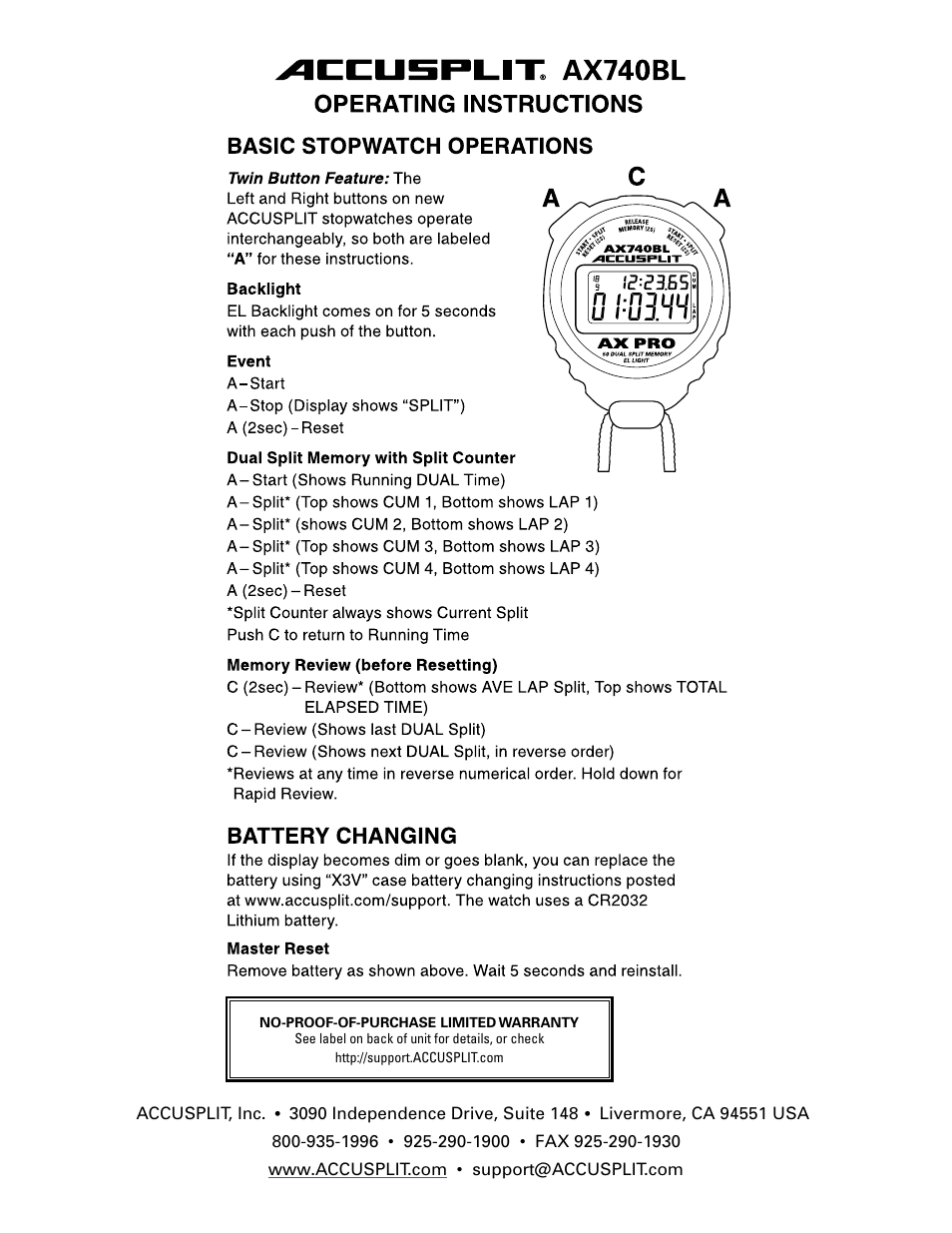 Accusplit AX740BL User Manual | 1 page