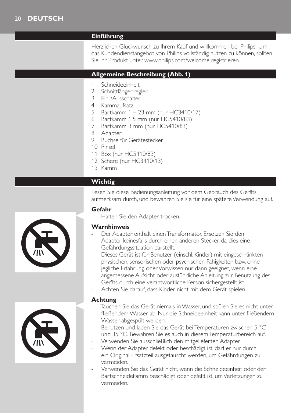 Deutsch, Deutsch 20 | Philips HAIRCLIPPER Series 3000 Tondeuse à cheveux User Manual | Page 20 / 98