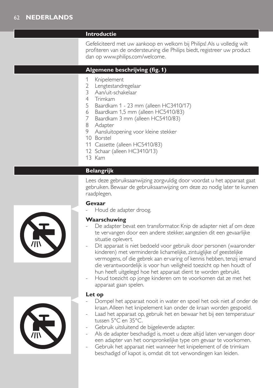 Nederlands, Nederlands 62 | Philips HAIRCLIPPER Series 3000 Tondeuse à cheveux User Manual | Page 62 / 98