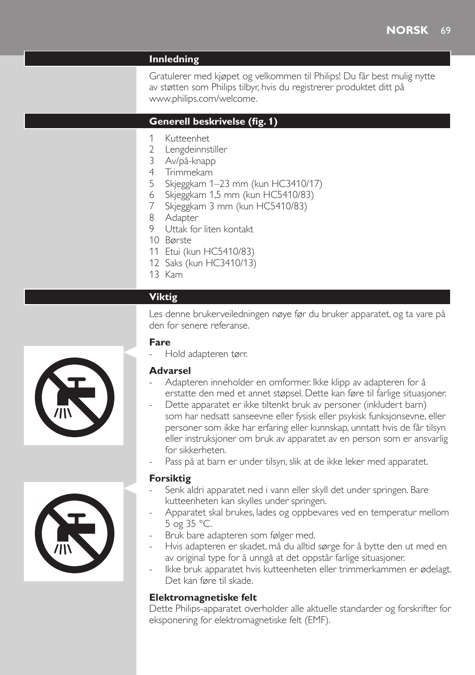 Norsk, Norsk 69 | Philips HAIRCLIPPER Series 3000 Tondeuse à cheveux User Manual | Page 69 / 98