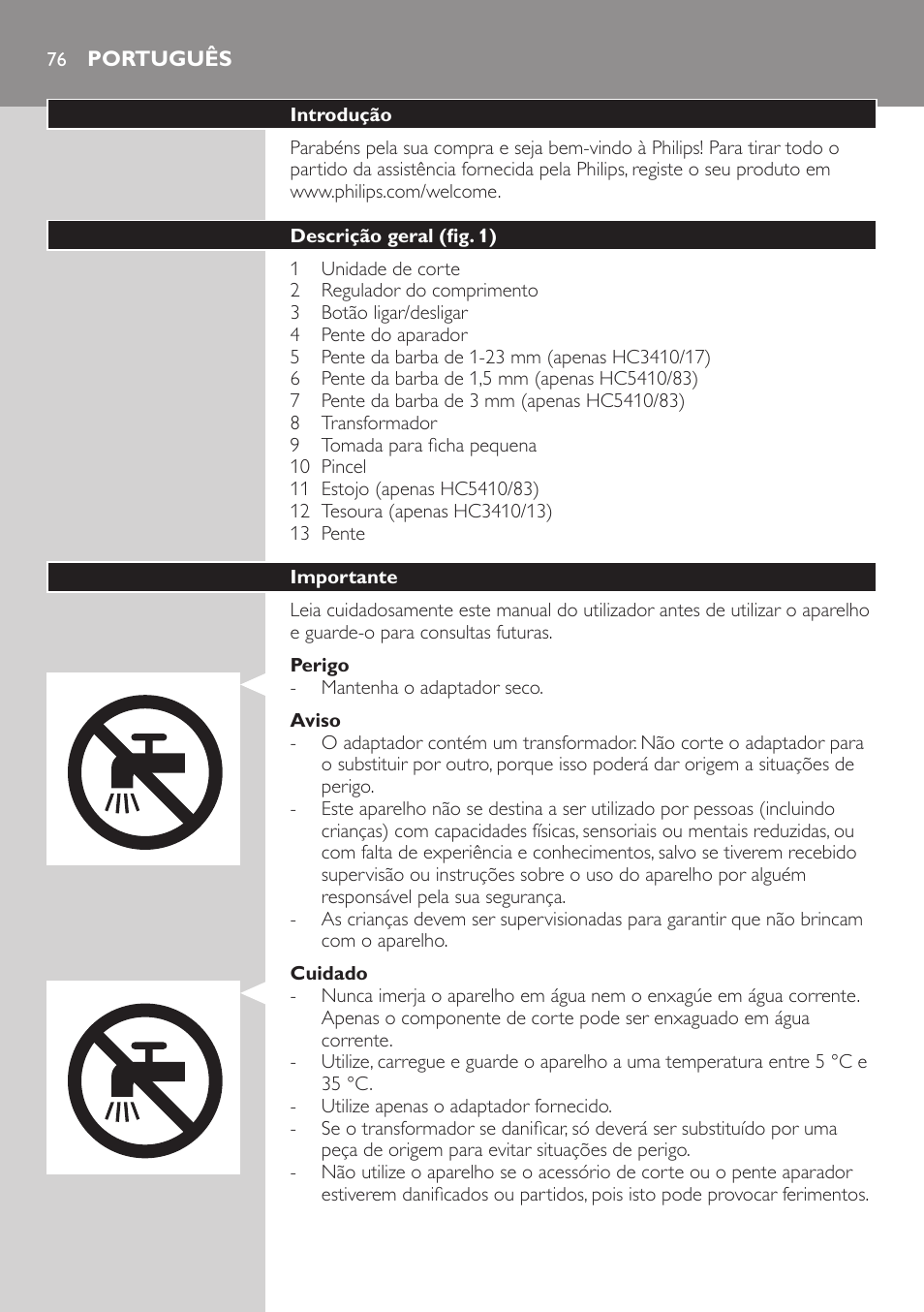 Português | Philips HAIRCLIPPER Series 3000 Tondeuse à cheveux User Manual | Page 76 / 98