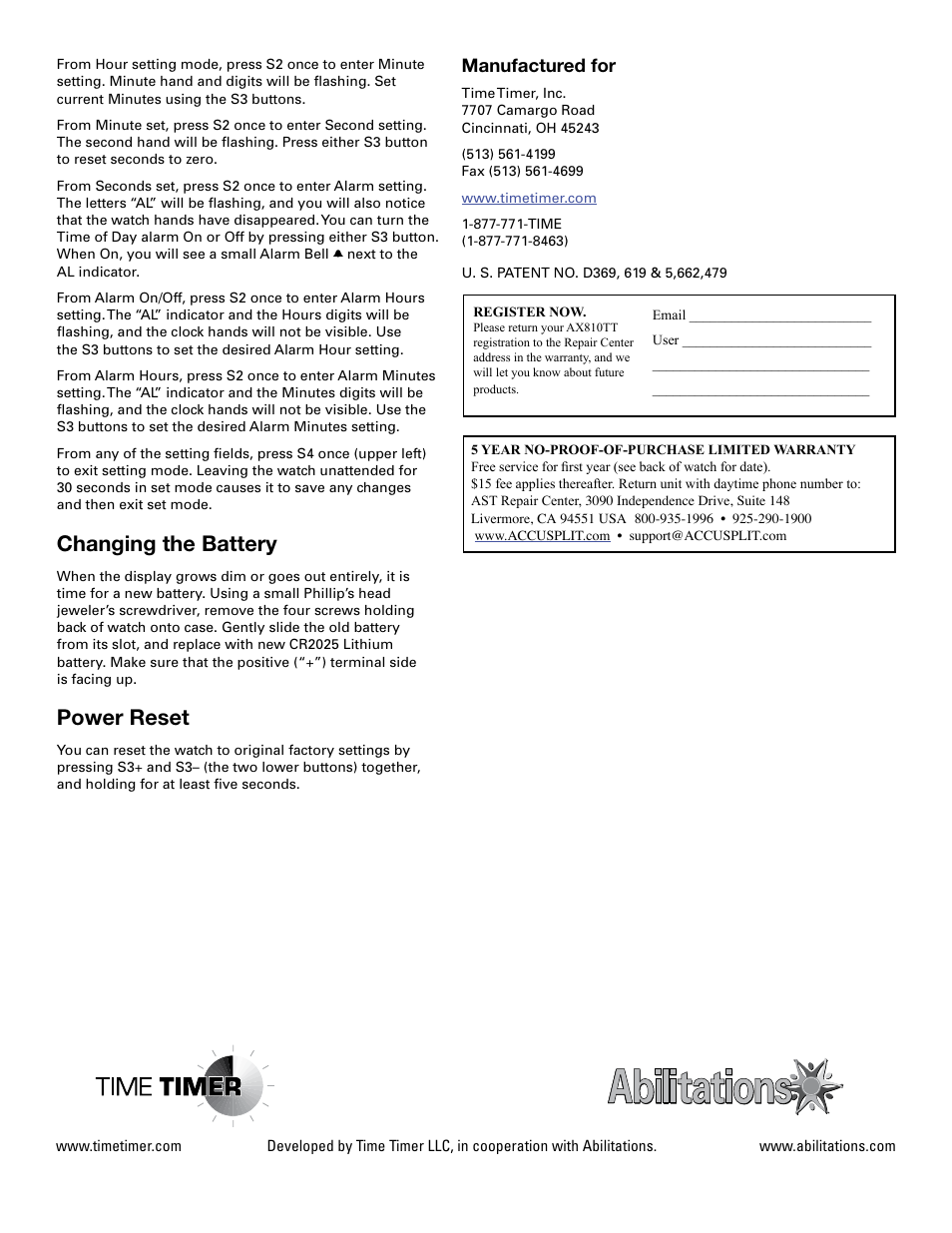Changing the battery, Power reset | Accusplit Plus AX810TT User Manual | Page 3 / 3