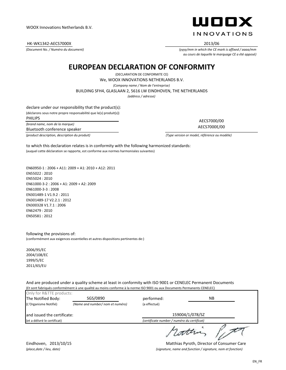 European declaration of conformity | Philips Haut-parleur Bluetooth WeCall User Manual | Page 2 / 21