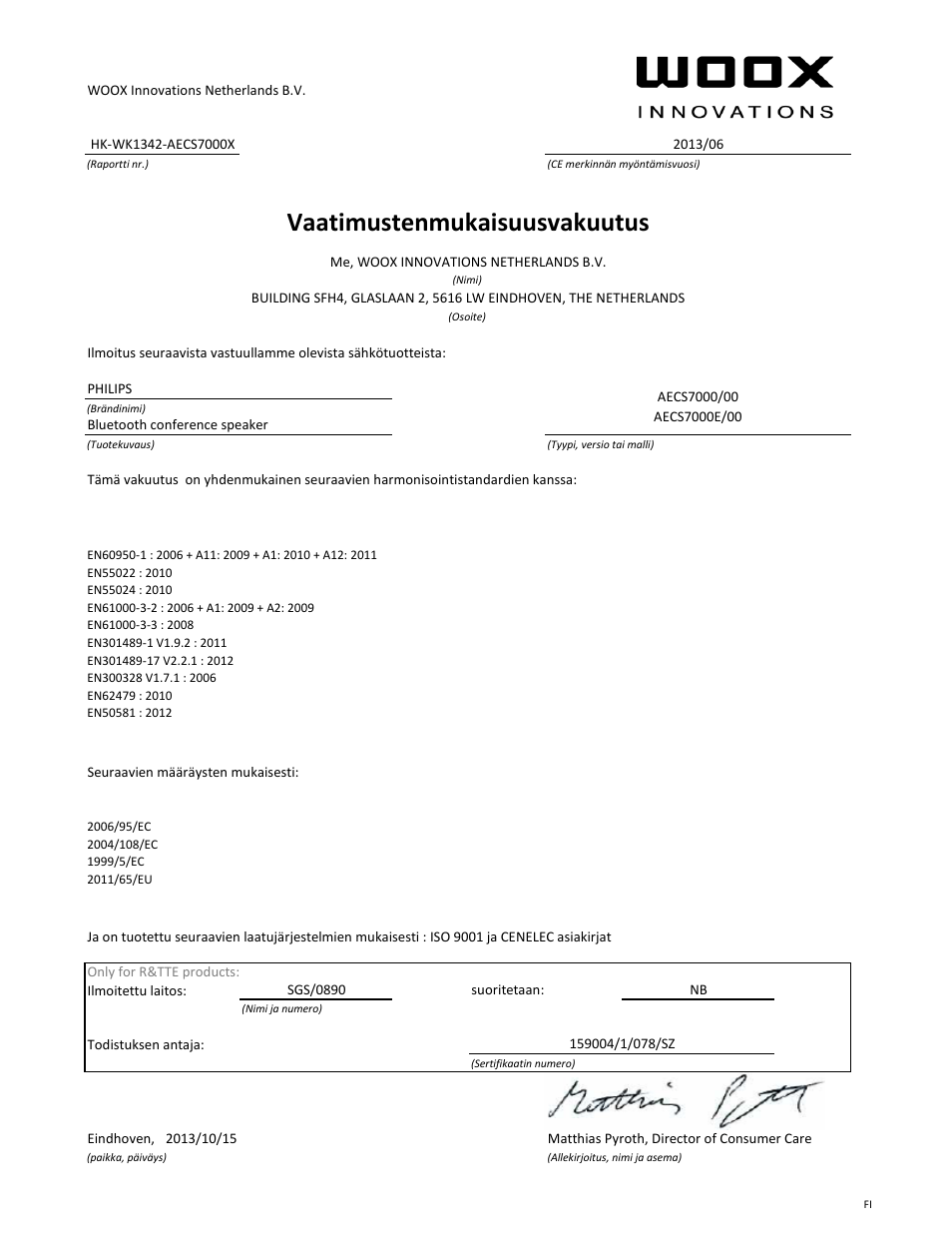 Vaatimustenmukaisuusvakuutus | Philips Haut-parleur Bluetooth WeCall User Manual | Page 6 / 21