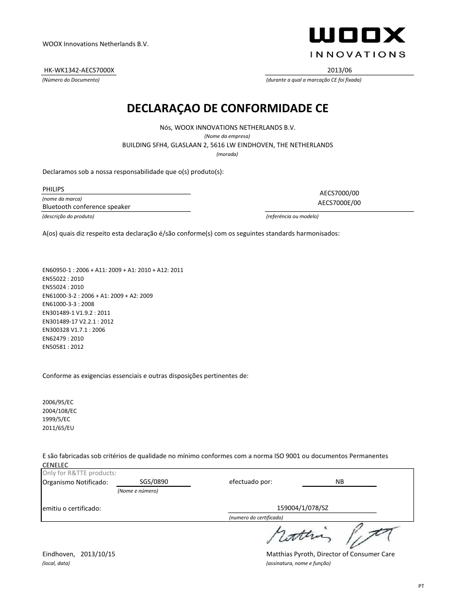 Declaraçao de conformidade ce | Philips Haut-parleur Bluetooth WeCall User Manual | Page 8 / 21
