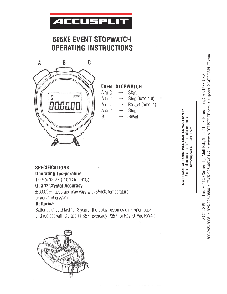 Accusplit A605XE User Manual | 1 page