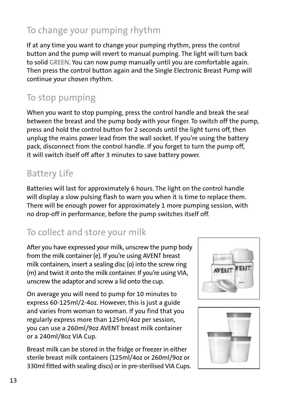 To­change­your­pumping­rhythm, To­stop­pumping, Battery­life | To­collect­and­store­your­milk | Philips AVENT Tire-lait électronique User Manual | Page 10 / 54