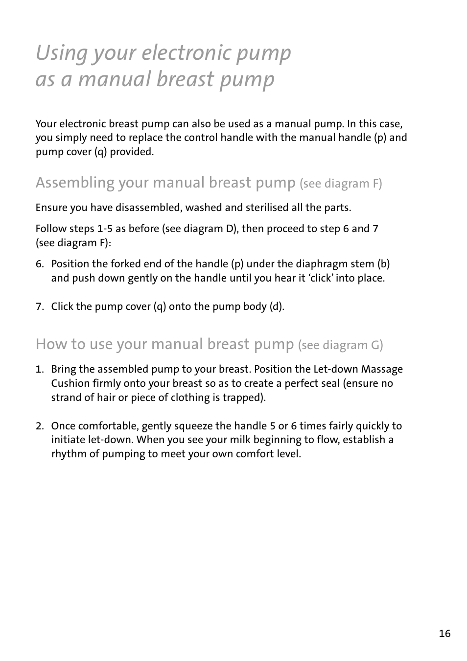 Using your electronic pump as a manual breast pump, Assembling­your­manual­breast­pump, How­to­use­your­manual­breast­pump | Philips AVENT Tire-lait électronique User Manual | Page 13 / 54