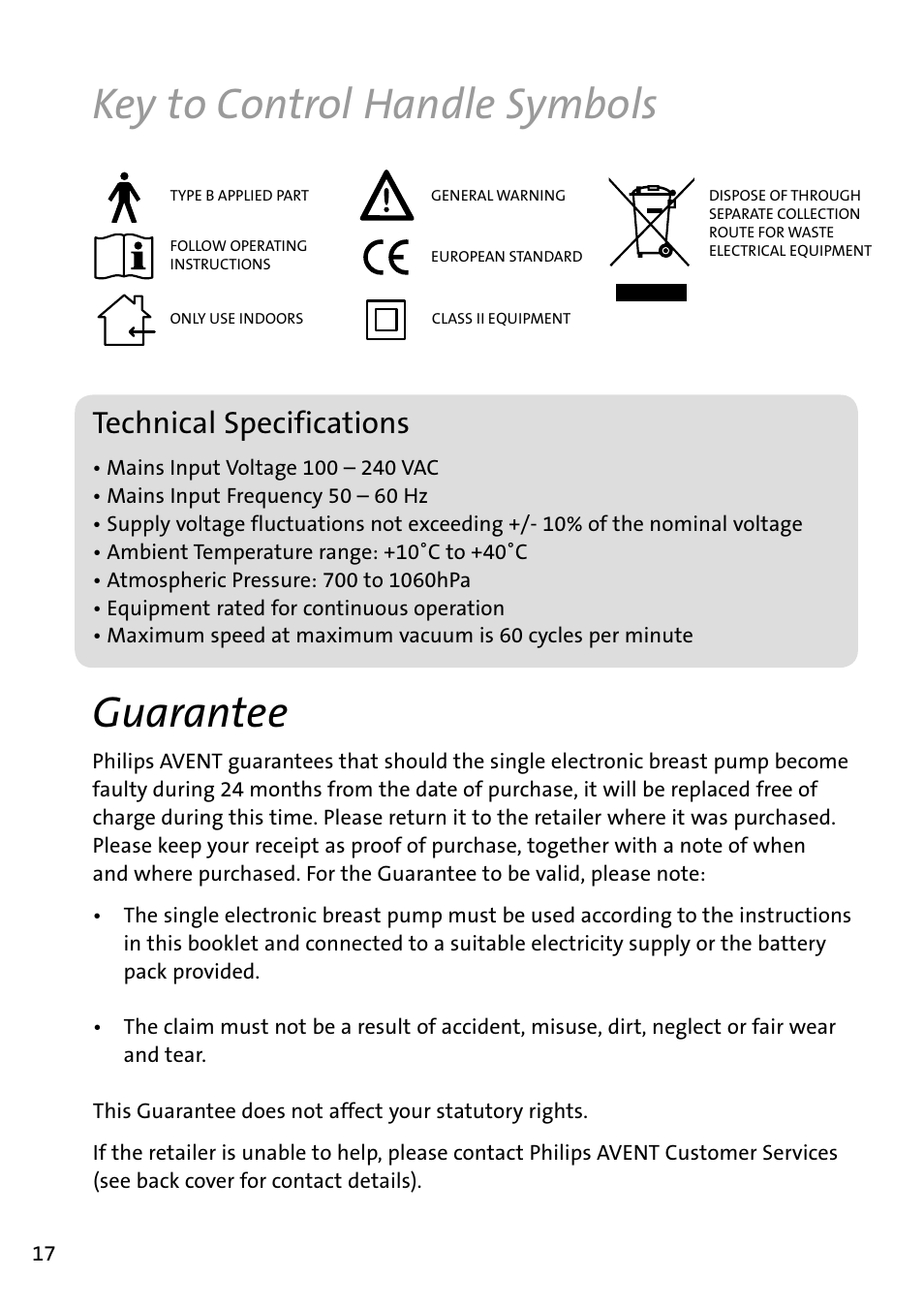 Key to control handle symbols, Guarantee, Technical­specifications | Philips AVENT Tire-lait électronique User Manual | Page 14 / 54