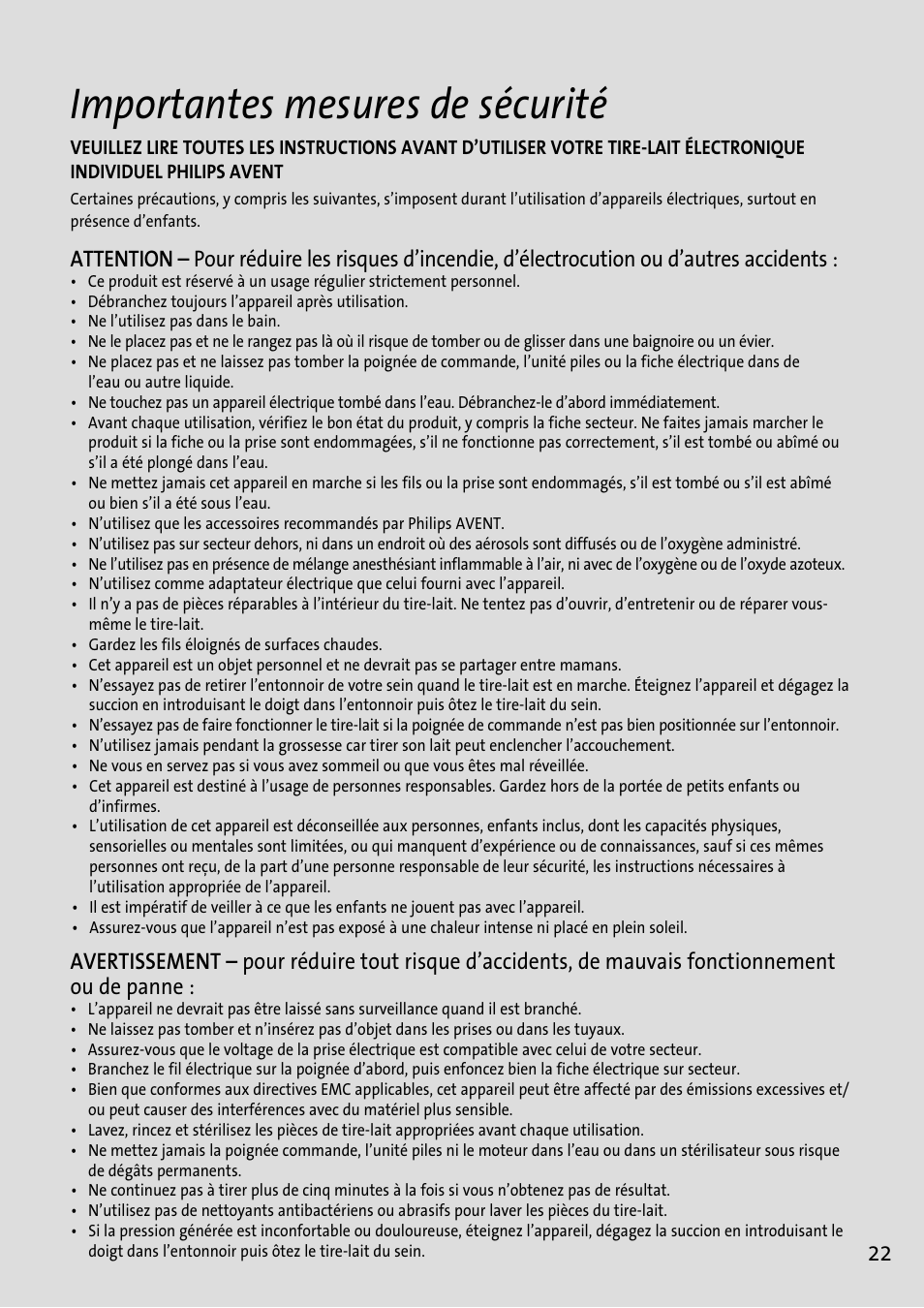 Importantes mesures de sécurité | Philips AVENT Tire-lait électronique User Manual | Page 19 / 54