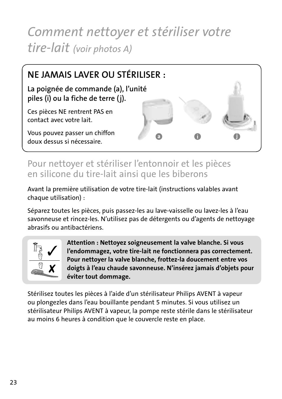 Comment nettoyer et stériliser votre tire-lait, Voir photos a), Ne jamais laver ou stériliser | Philips AVENT Tire-lait électronique User Manual | Page 20 / 54