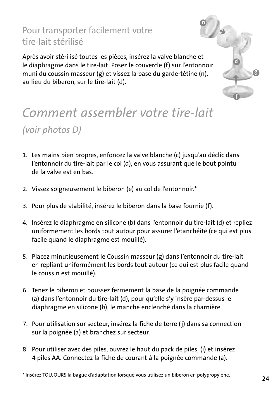Comment assembler votre tire-lait, Voir photos d) | Philips AVENT Tire-lait électronique User Manual | Page 21 / 54