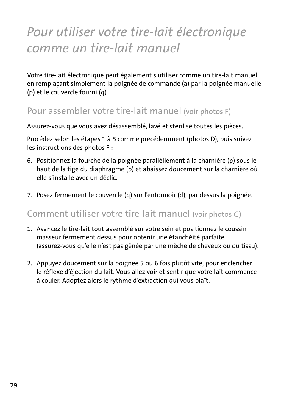 Pour­assembler­votre­tire-lait­manuel, Comment­utiliser­votre­tire-lait­manuel | Philips AVENT Tire-lait électronique User Manual | Page 26 / 54