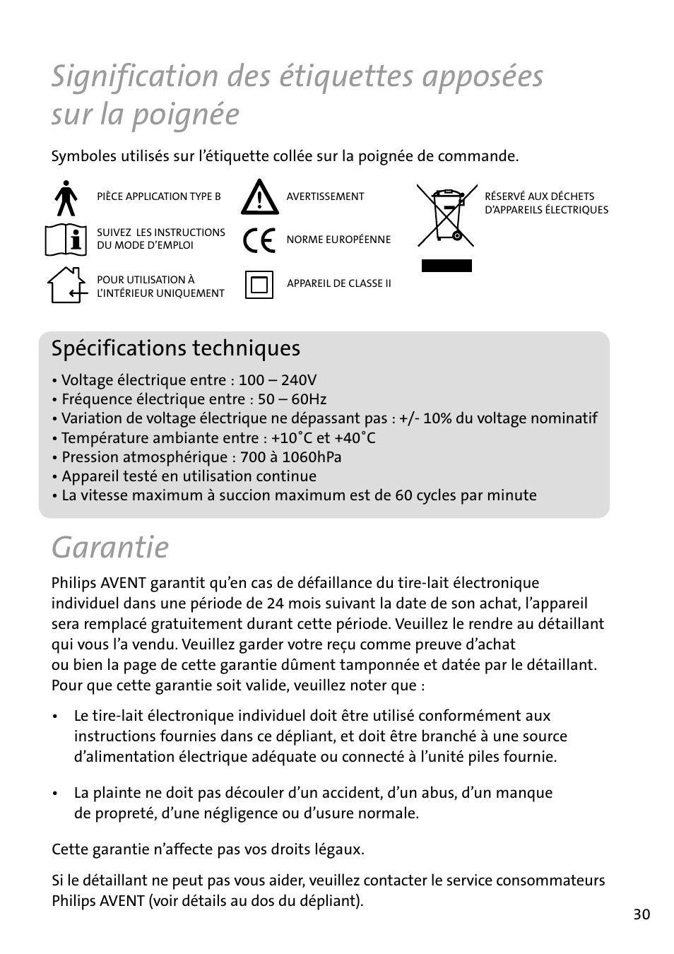 Garantie, Spécifications­techniques | Philips AVENT Tire-lait électronique User Manual | Page 27 / 54
