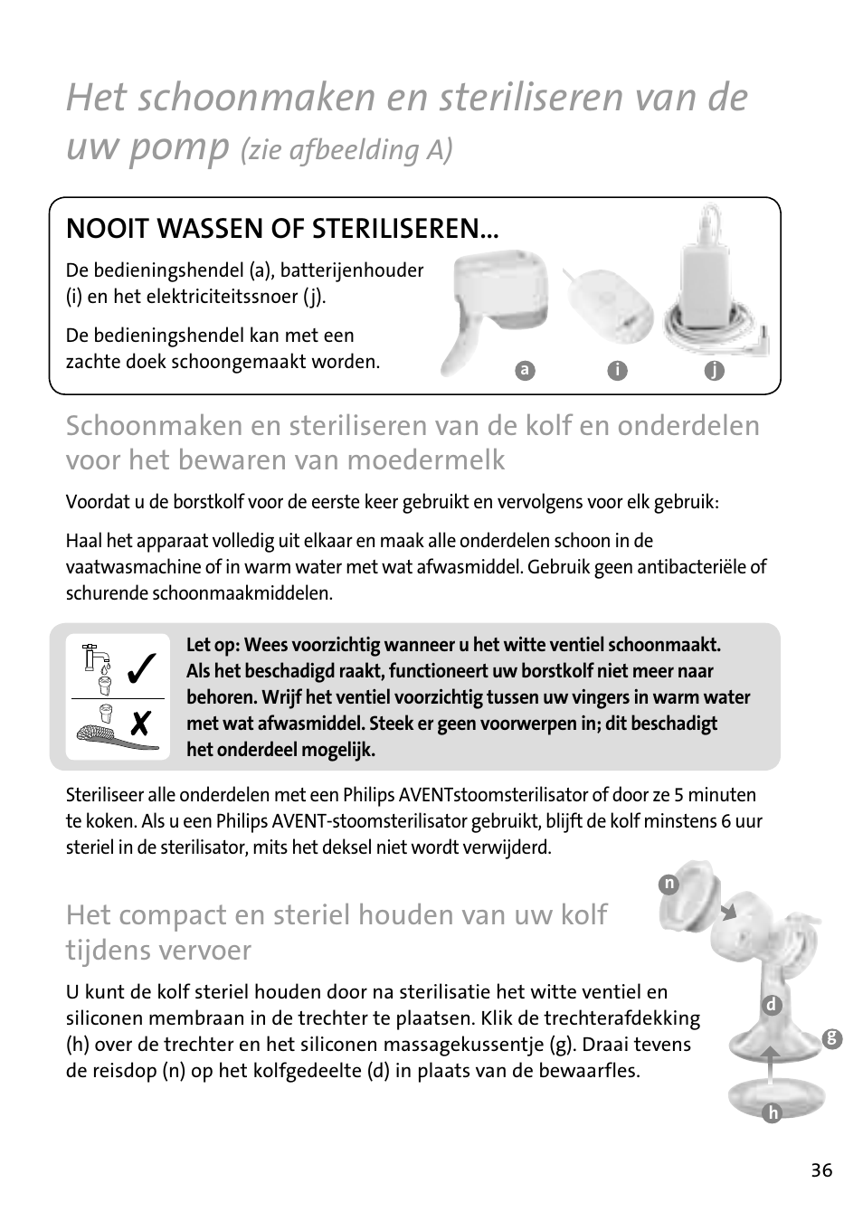 Het schoonmaken en steriliseren van de uw pomp, Zie afbeelding a), Nooit wassen of steriliseren | Philips AVENT Tire-lait électronique User Manual | Page 33 / 54