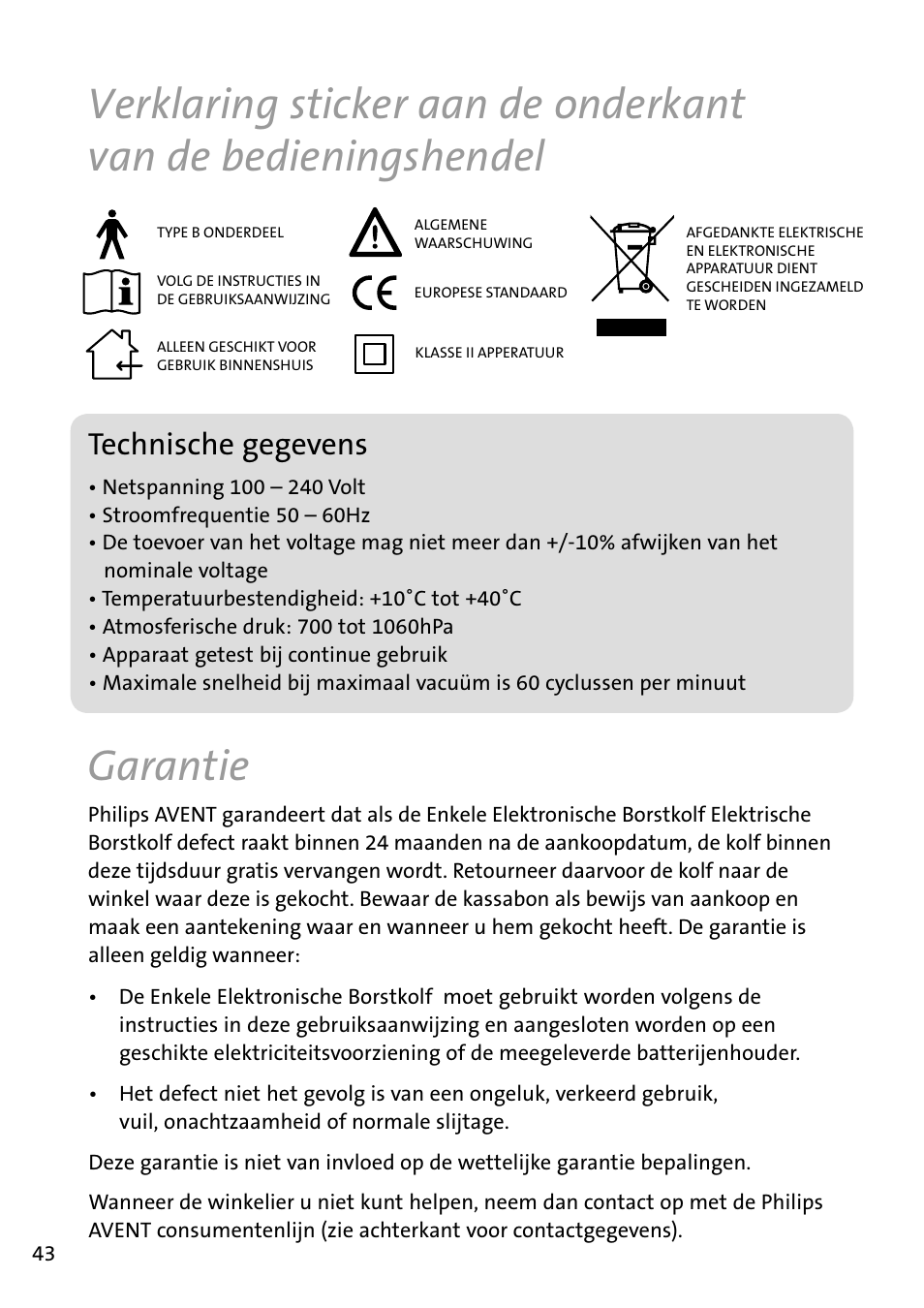 Garantie, Technische­gegevens | Philips AVENT Tire-lait électronique User Manual | Page 40 / 54