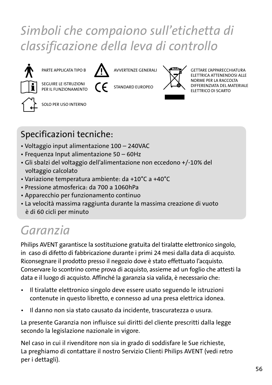 Garanzia, Specificazioni­tecniche | Philips AVENT Tire-lait électronique User Manual | Page 53 / 54