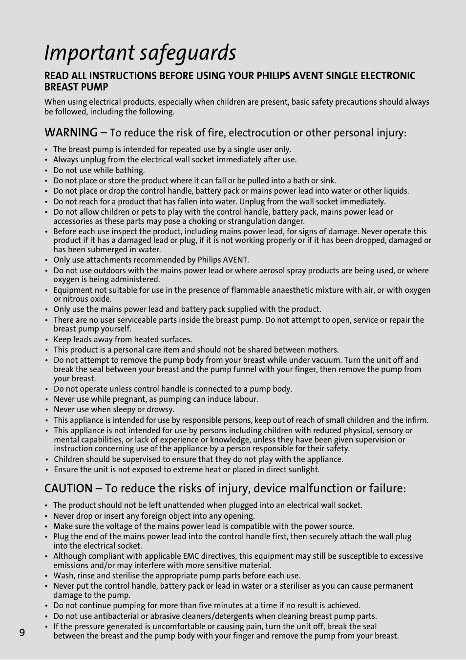 Important safeguards, Warning | Philips AVENT Tire-lait électronique User Manual | Page 6 / 54