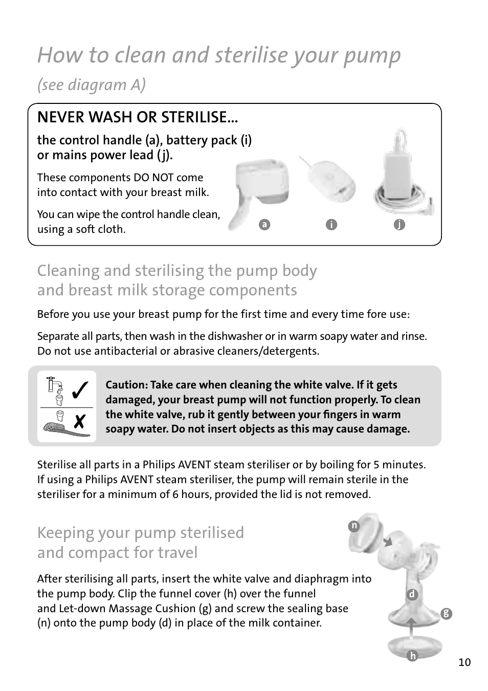 How to clean and sterilise your pump, See diagram a), Never wash or sterilise | Philips AVENT Tire-lait électronique User Manual | Page 7 / 54