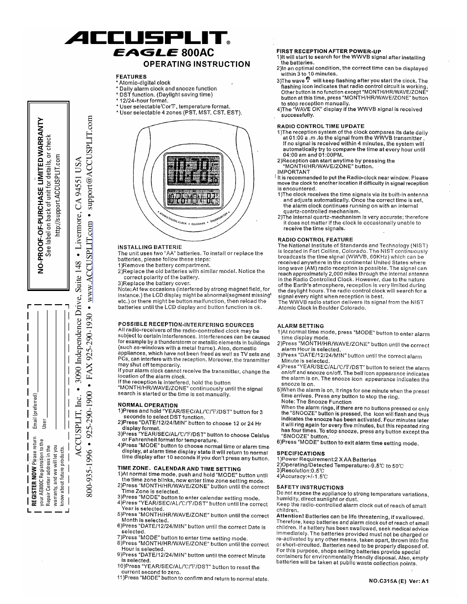 Accusplit Eagle AE800C User Manual | 1 page