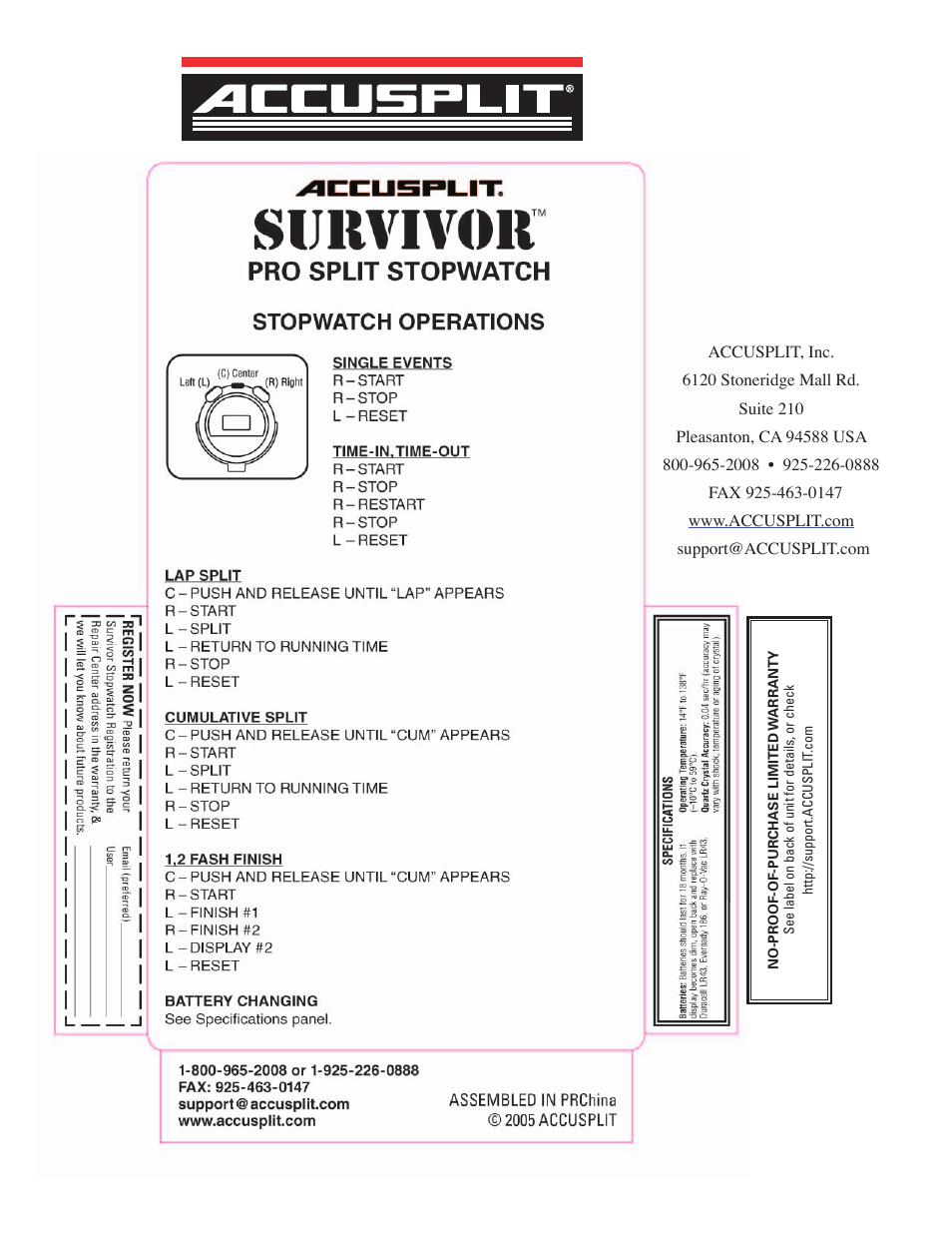 Accusplit Survivor S3CL User Manual | 1 page