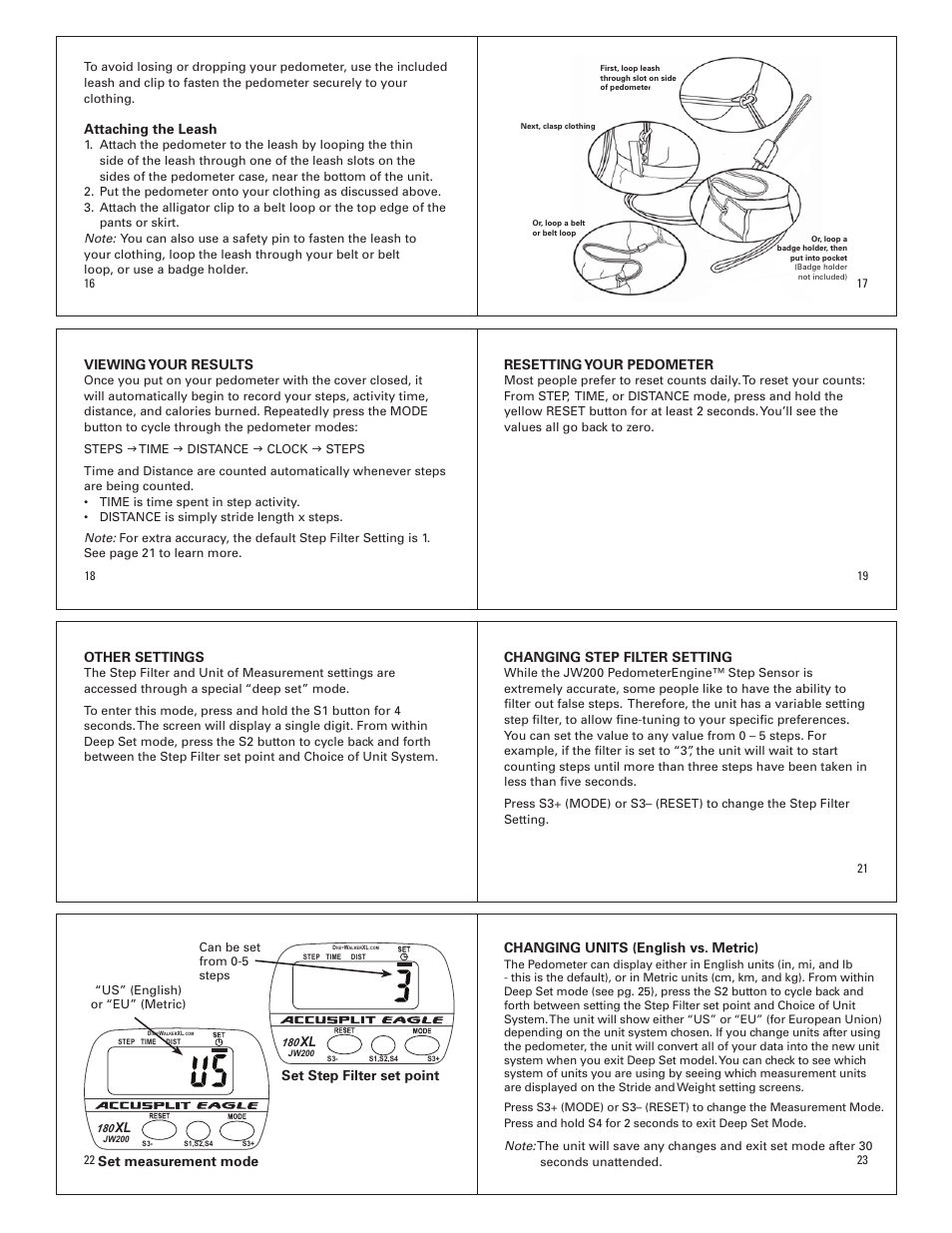 Attaching the leash, Viewing your results, Resetting your pedometer | Other settings, Set step filter set point, Set measurement mode, Changing step filter setting, Changing units (english vs. metric) | Accusplit Eagle AE180XL User Manual | Page 3 / 4