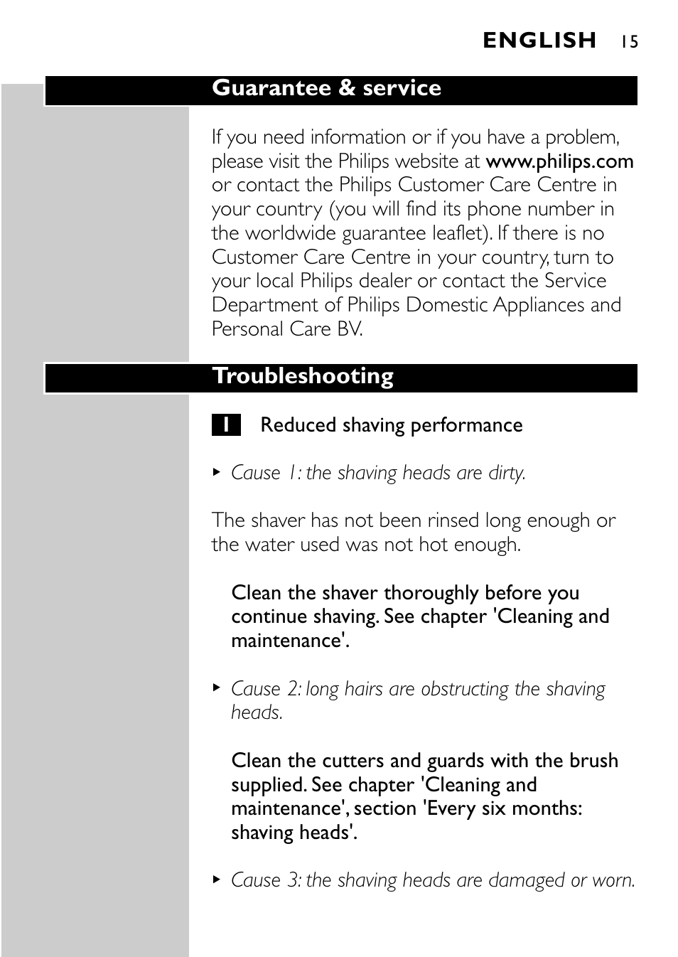 Guarantee & service, Troubleshooting, English | Philips Rasoir électrique User Manual | Page 13 / 112