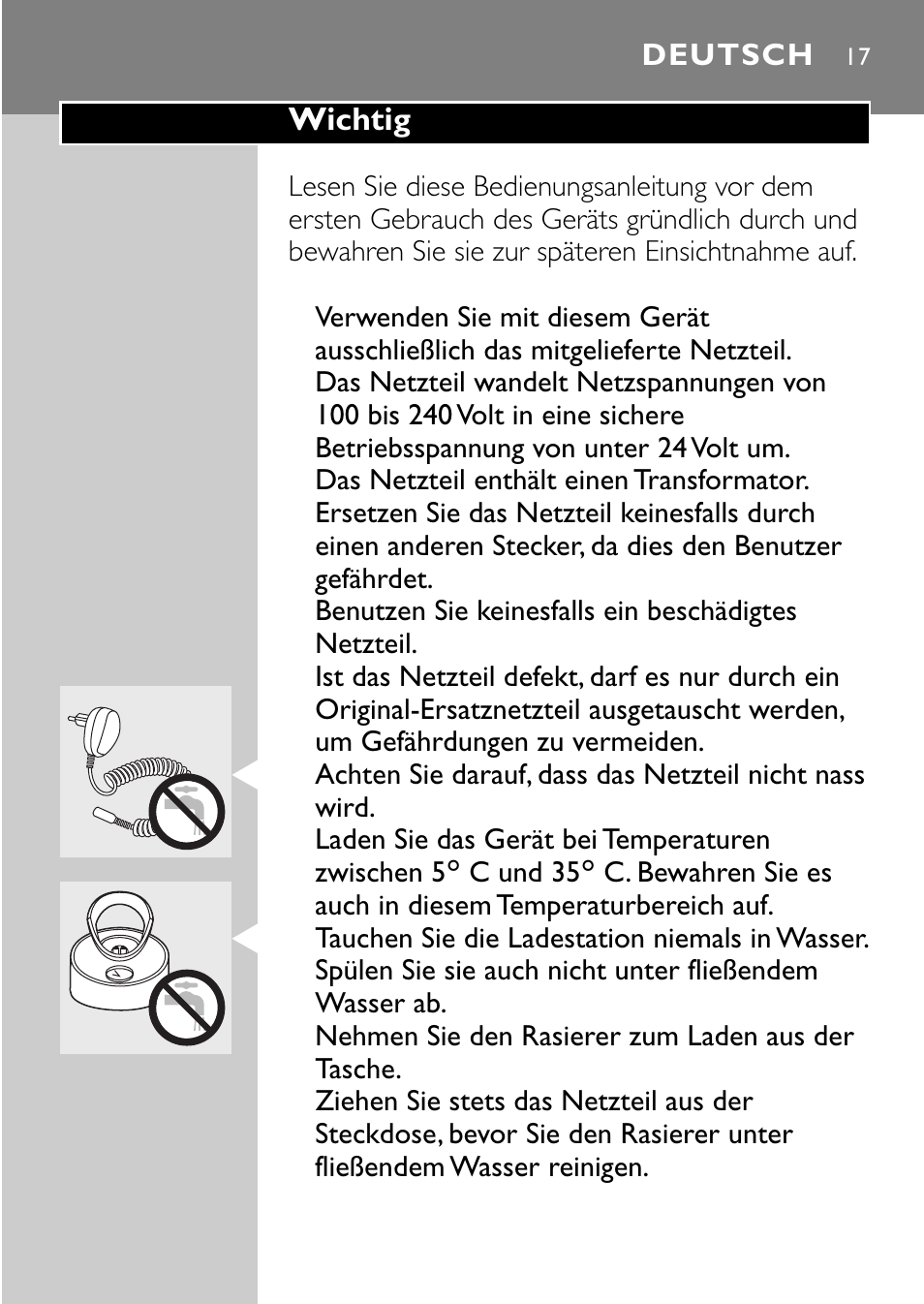 Deutsch 17 | Philips Rasoir électrique User Manual | Page 15 / 112