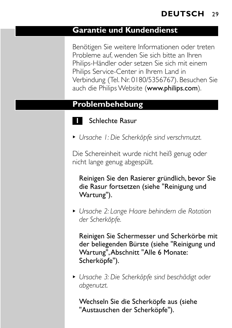 Garantie und kundendienst, Problembehebung, Deutsch | Philips Rasoir électrique User Manual | Page 27 / 112