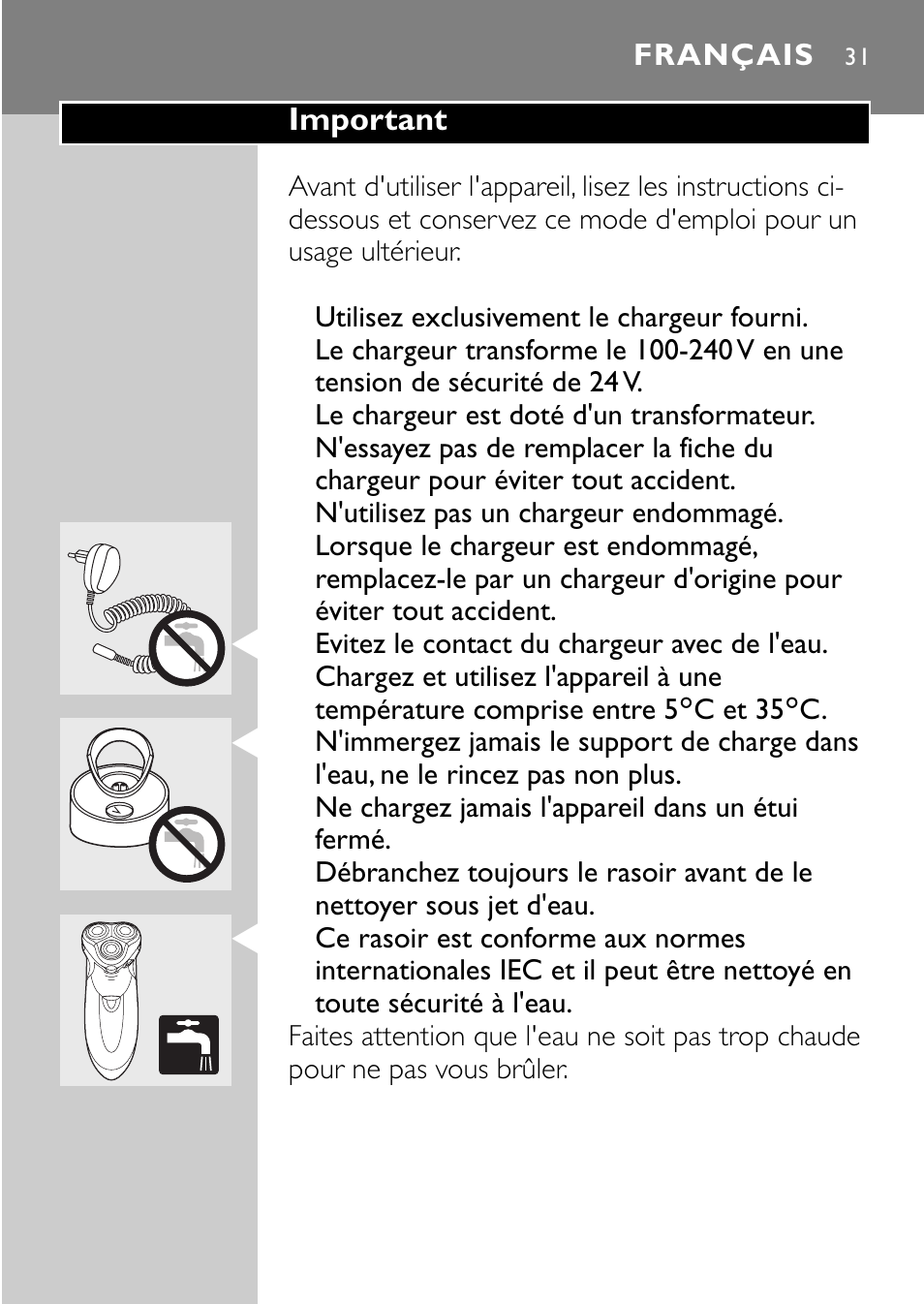 Français 31 | Philips Rasoir électrique User Manual | Page 29 / 112