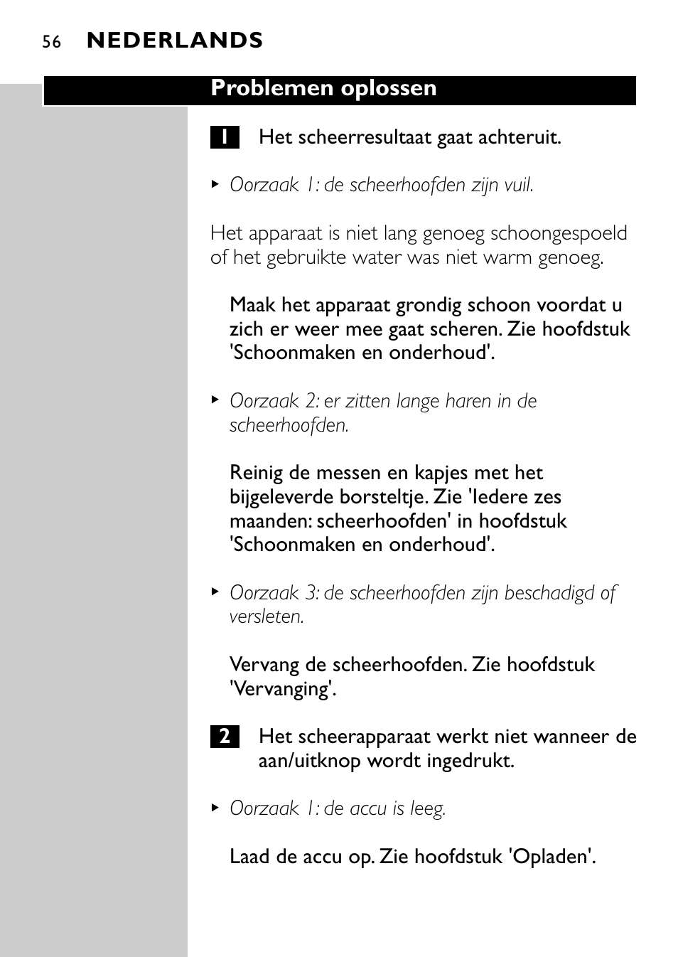 Problemen oplossen, Nederlands | Philips Rasoir électrique User Manual | Page 54 / 112