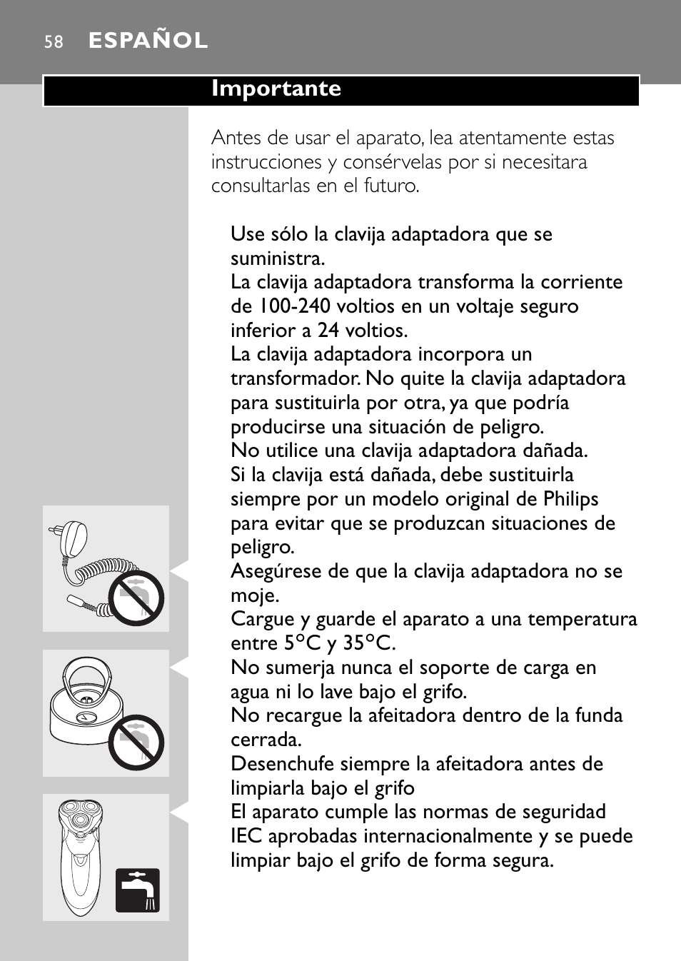 Español 58 | Philips Rasoir électrique User Manual | Page 56 / 112