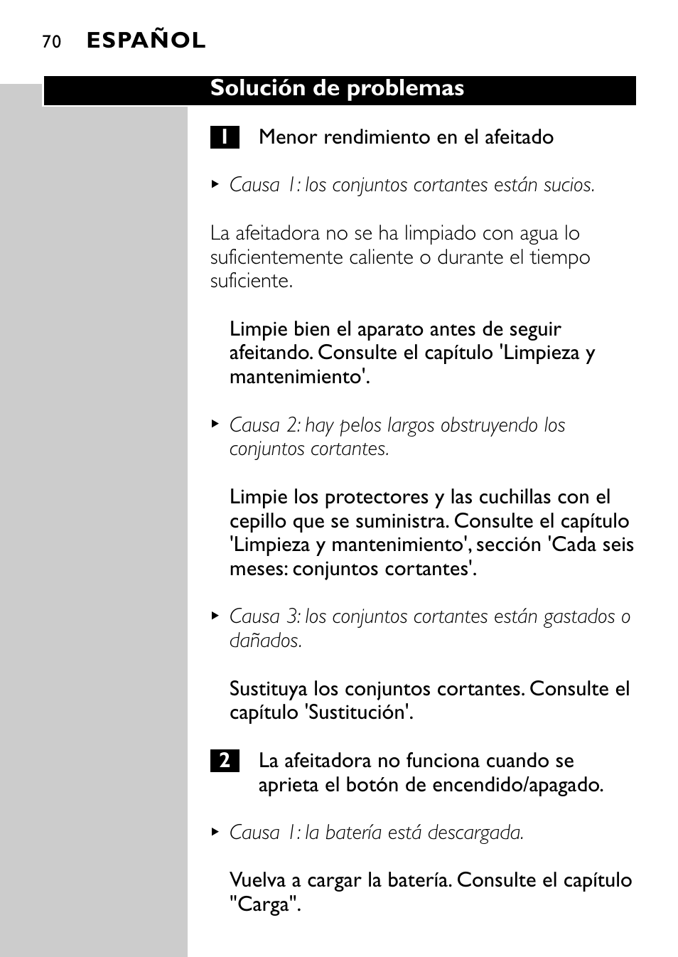 Solución de problemas, Español | Philips Rasoir électrique User Manual | Page 68 / 112