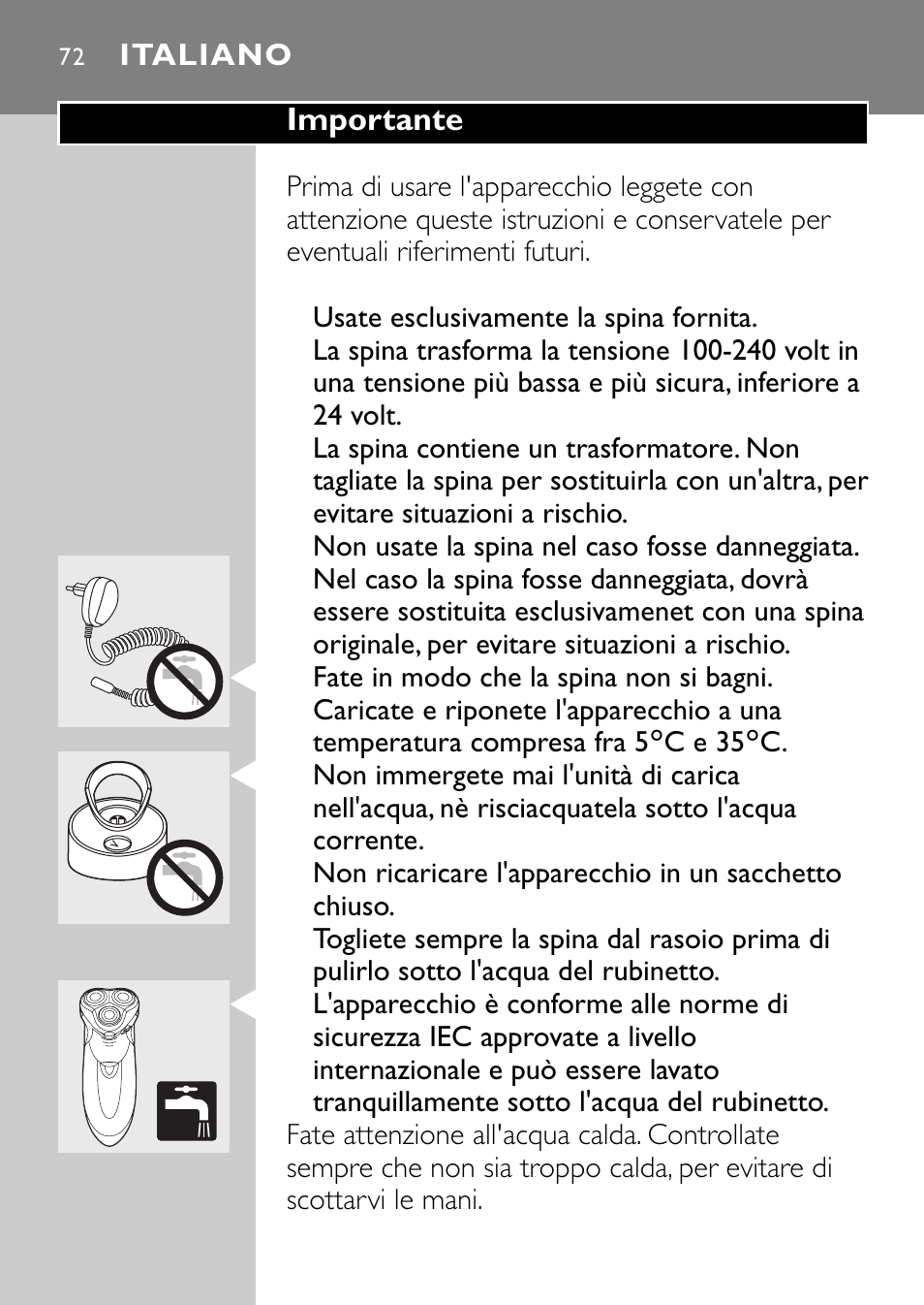 Italiano 72 | Philips Rasoir électrique User Manual | Page 70 / 112