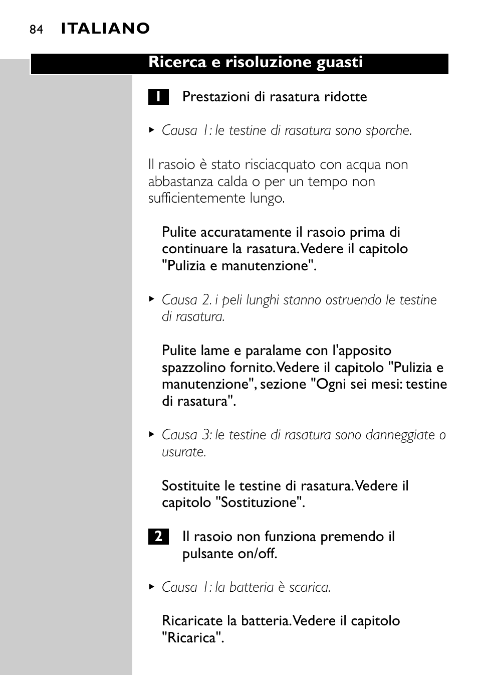 Ricerca e risoluzione guasti, Italiano | Philips Rasoir électrique User Manual | Page 82 / 112